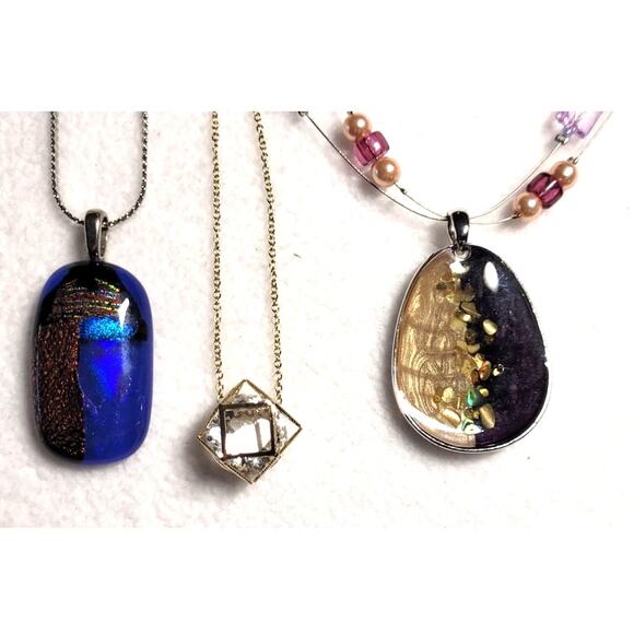 3 Pc Y2K Necklace Lot Fused Glass Caged Crystal Illusion Mixed Pendants 16"-20" - Picture 2 of 5